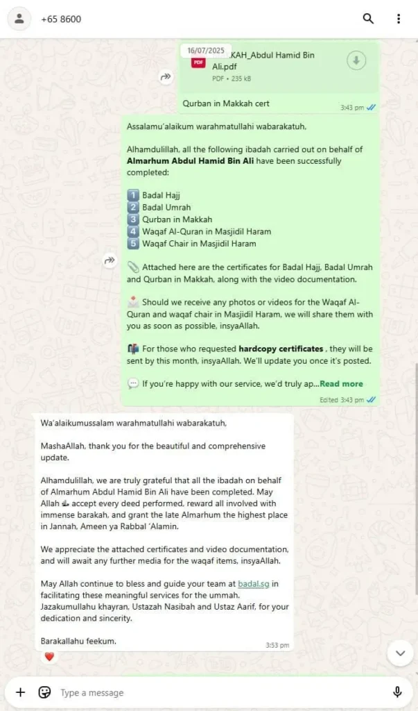 WhatsApp testimonial from client Nur for Badal services